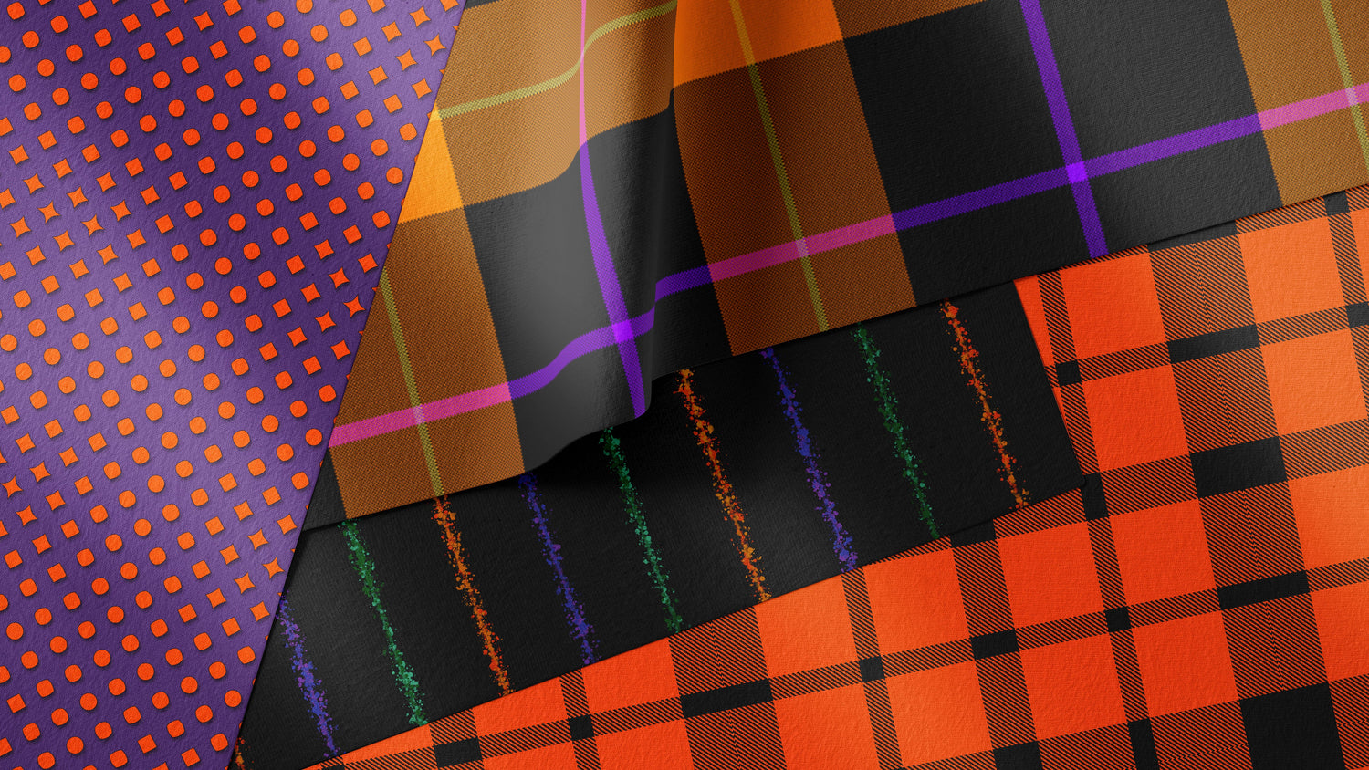 Four fabrics with patterns in halloween colors of orange, black, purple, and green.