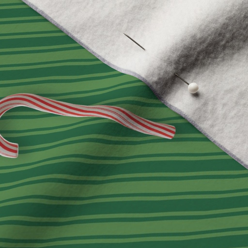 Candy Canes on Green Stripes Printed Fabric