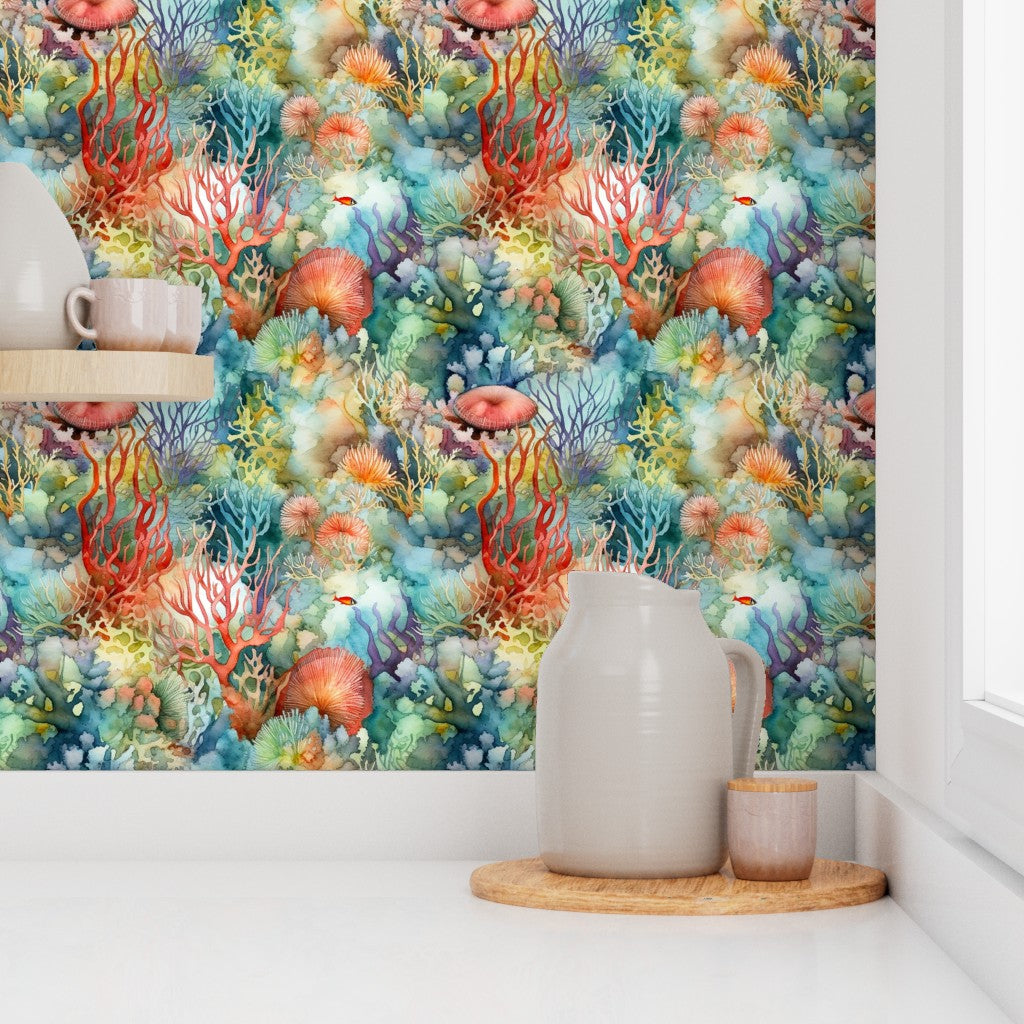 Watercolor Coral Reef (Light) Printed Fabric by Studio Ten Design