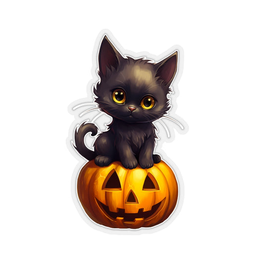 Cute Black Kitten Sitting on a Jack-o-lantern Transparent Sticker by Studio Ten Design