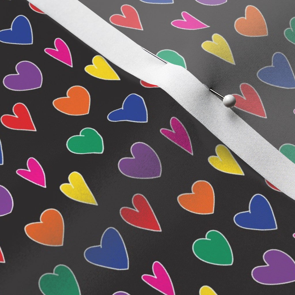 Mini Rainbow Hearts Black Satin Printed Fabric by Studio Ten Design