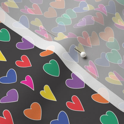 Mini Rainbow Hearts Black Chiffon Printed Fabric by Studio Ten Design