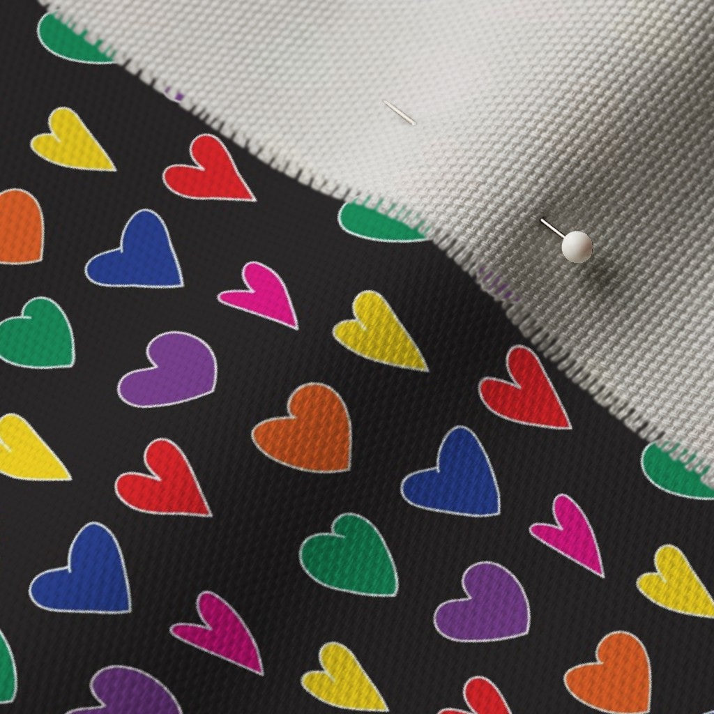 Mini Rainbow Hearts Black Cypress Cotton Canvas Printed Fabric by Studio Ten Design