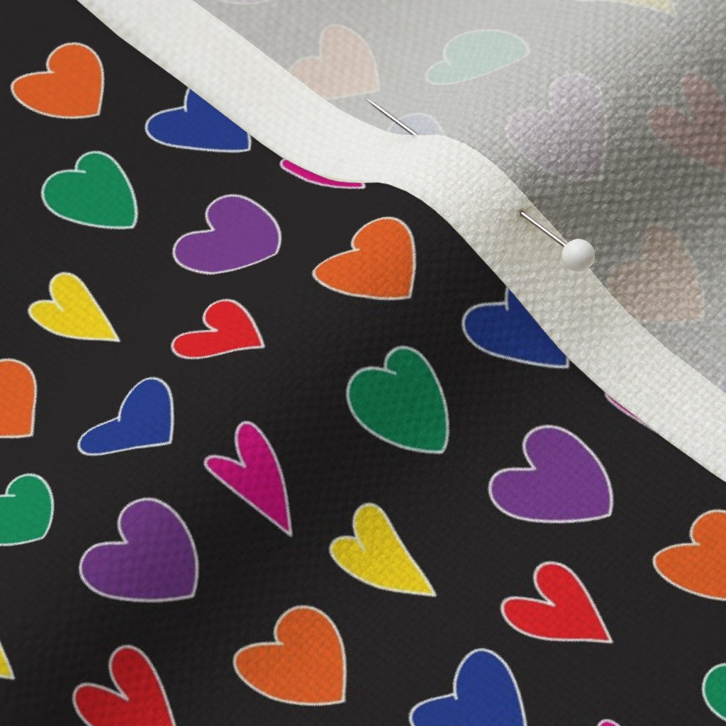 Mini Rainbow Hearts Black Performance Linen Printed Fabric by Studio Ten Design