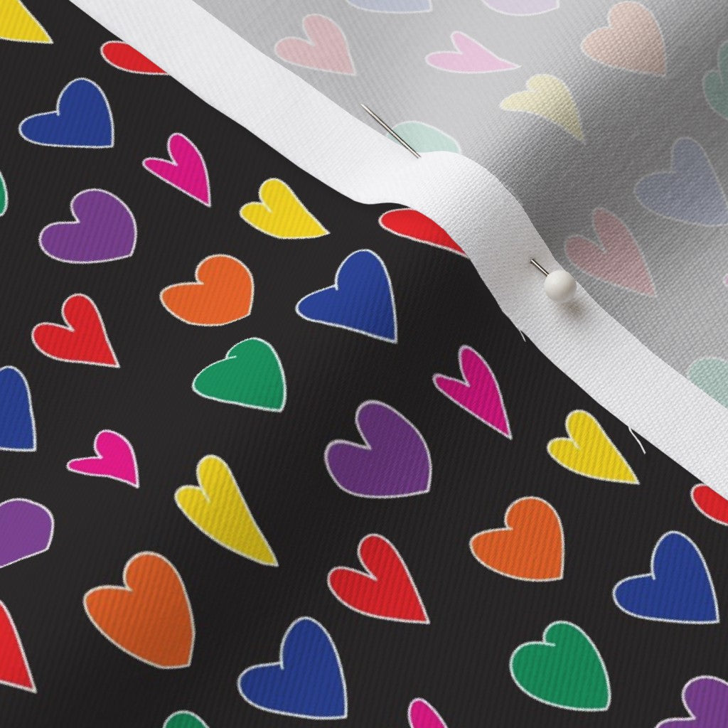 Mini Rainbow Hearts Black Lightweight Cotton Twill Printed Fabric by Studio Ten Design