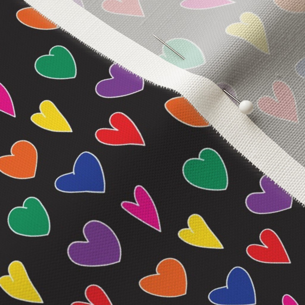 Mini Rainbow Hearts Black Linen Cotton Canvas Printed Fabric by Studio Ten Design