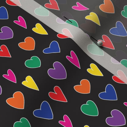 Mini Rainbow Hearts Black Poly Crepe de Chine Printed Fabric by Studio Ten Design