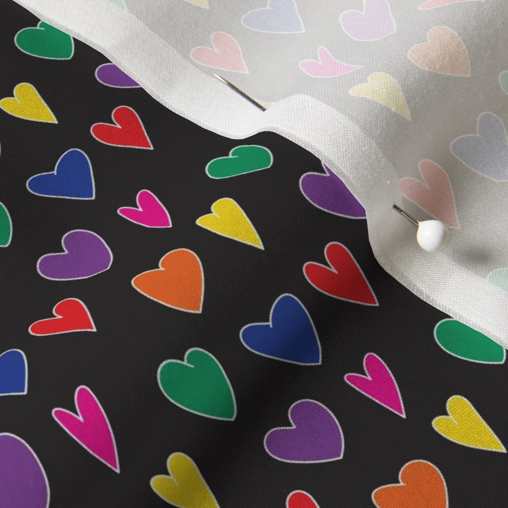 Mini Rainbow Hearts Black Cotton Silk Printed Fabric by Studio Ten Design