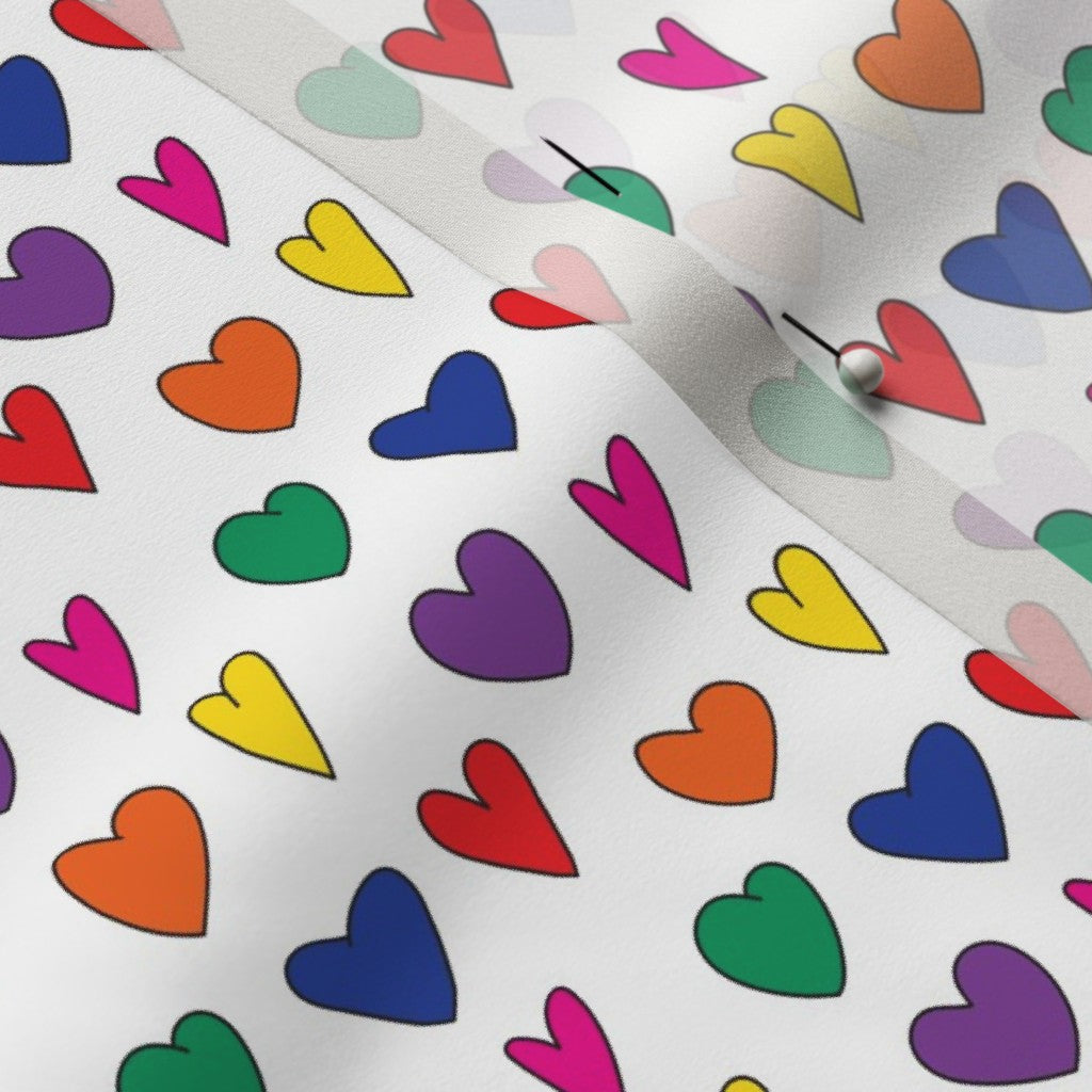 Mini Rainbow Hearts WhitePoly Crepe de Chine Printed Fabric by Studio Ten Design