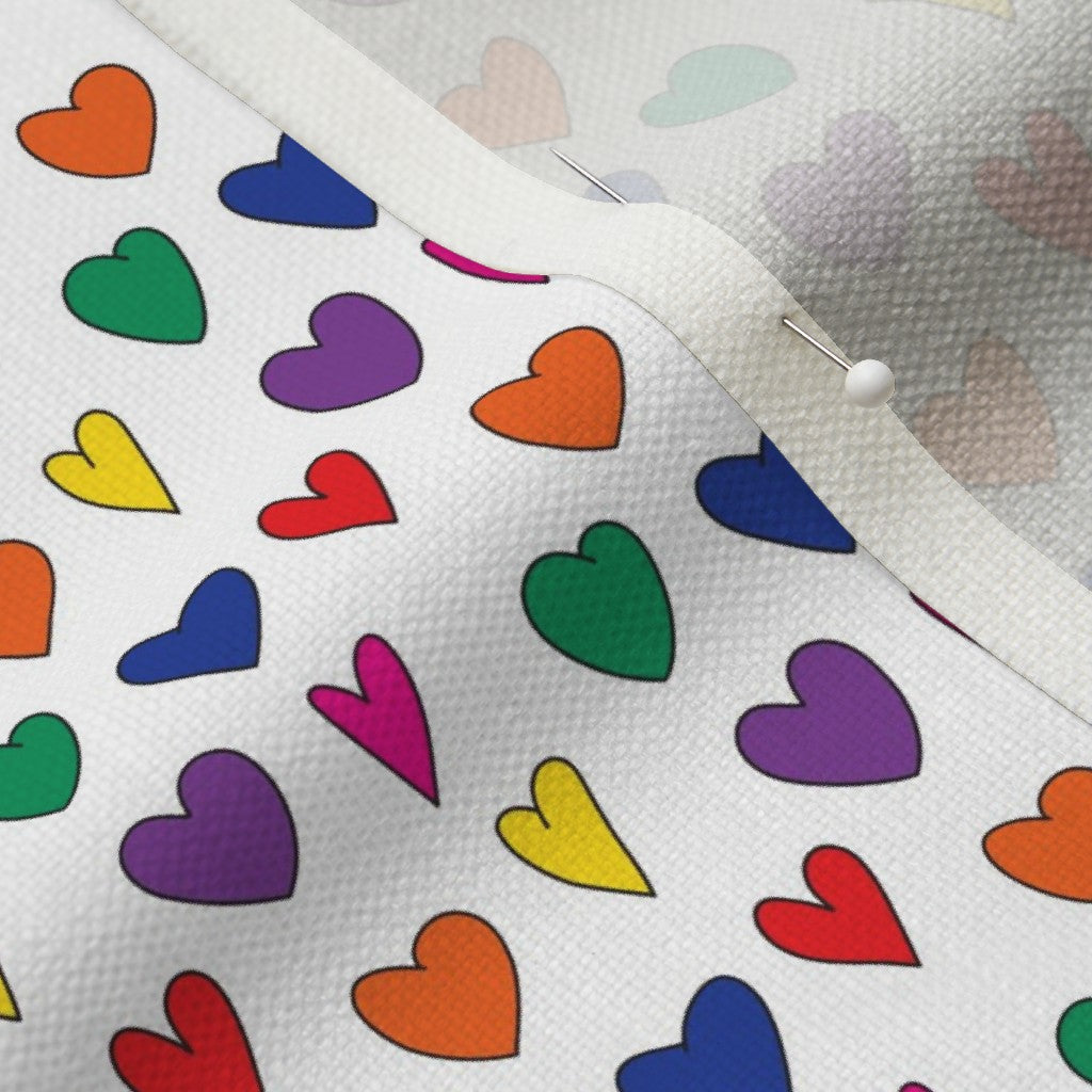 Mini Rainbow Hearts WhitePerformance Linen Printed Fabric by Studio Ten Design