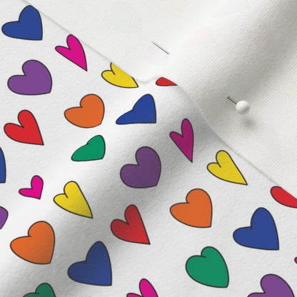 Mini Rainbow Hearts WhiteOrganic Cotton Knit Printed Fabric by Studio Ten Design