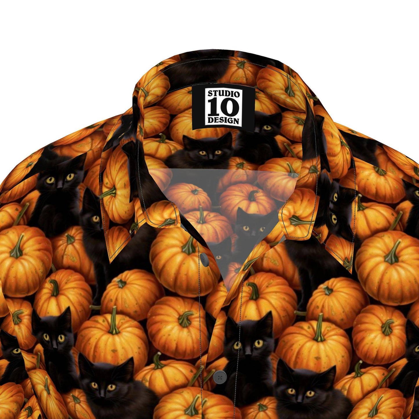 Black Kittens in the Pumpkin Patch Short Sleeve Button-down Shirt by Studio Ten Design