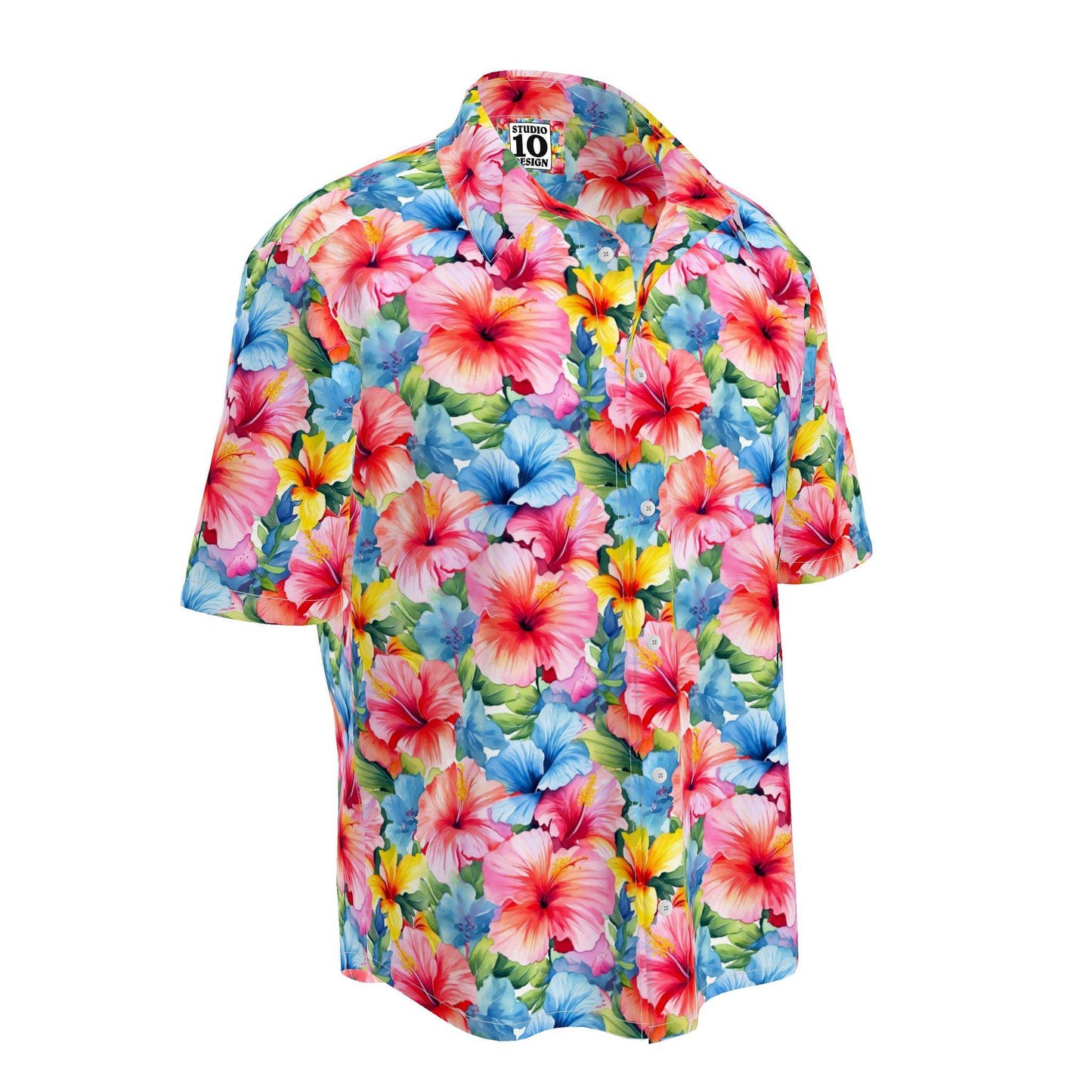 Watercolor Hibiscus (Light I) Short Sleeve Button-down Shirt by Studio Ten Design
