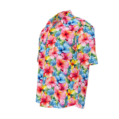 Watercolor Hibiscus (Light I) Short Sleeve Button-down Shirt by Studio Ten Design