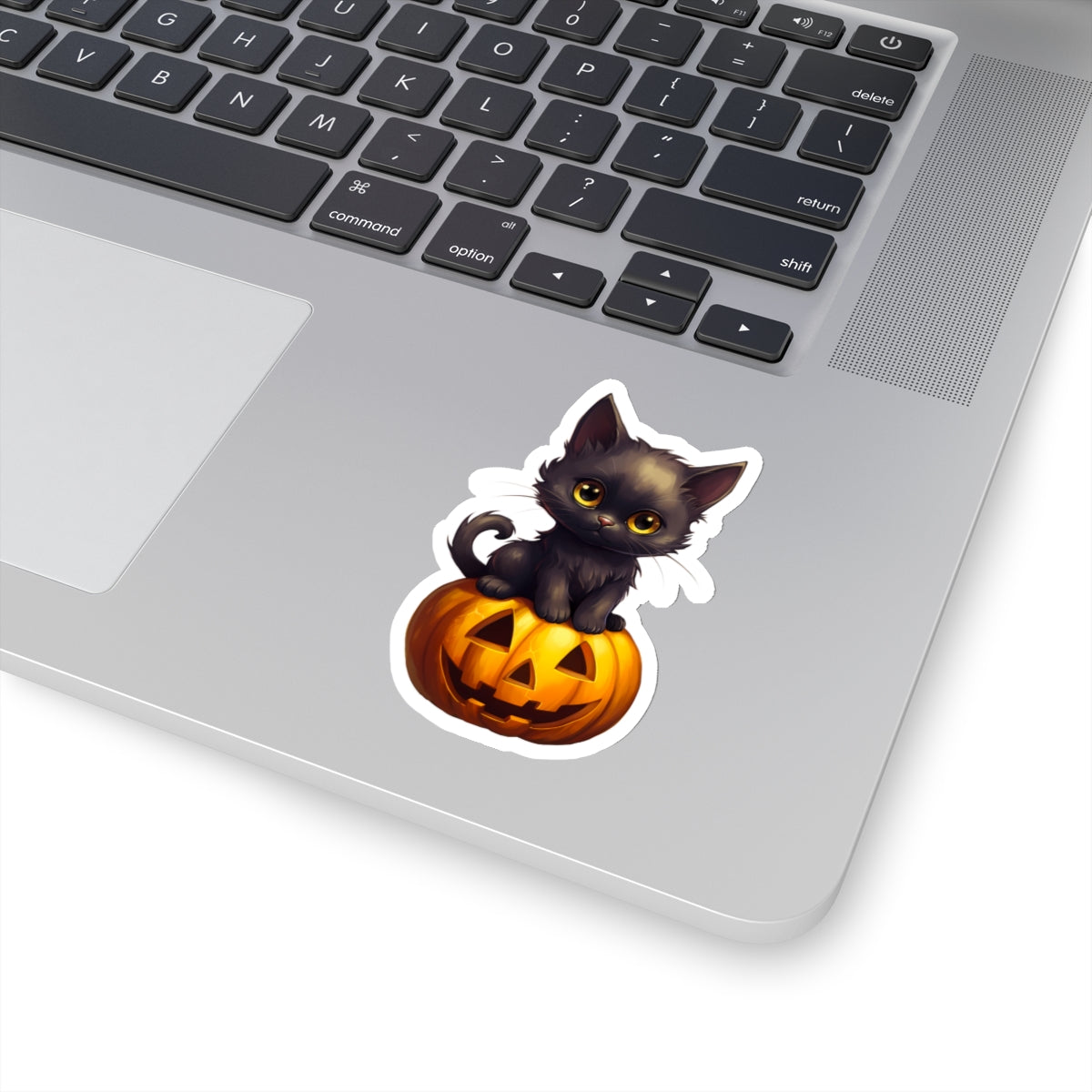 Cute Black Kitten Sitting on a Jack-o-lantern White Sticker by Studio Ten Design