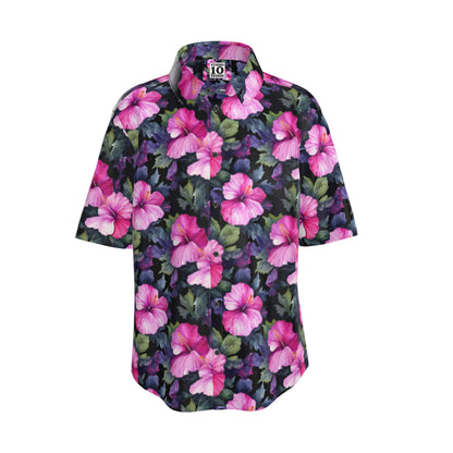 Watercolor Hibiscus (Dark #3) Short Sleeve Button-down Shirt