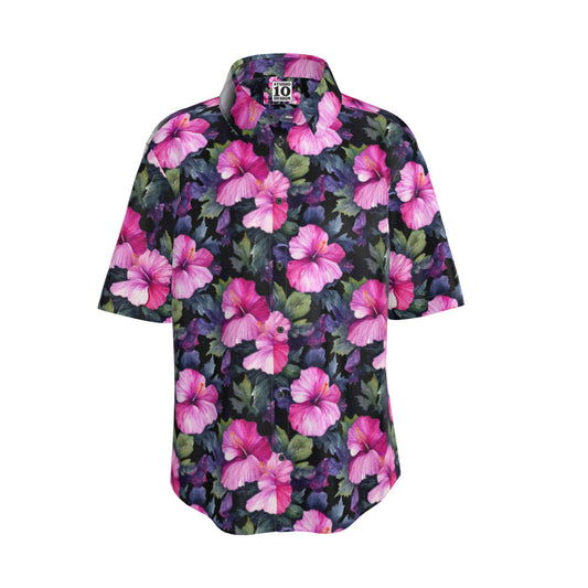 Camisa con botones de manga corta Hibiscus de acuarela (oscuro n.° 3)