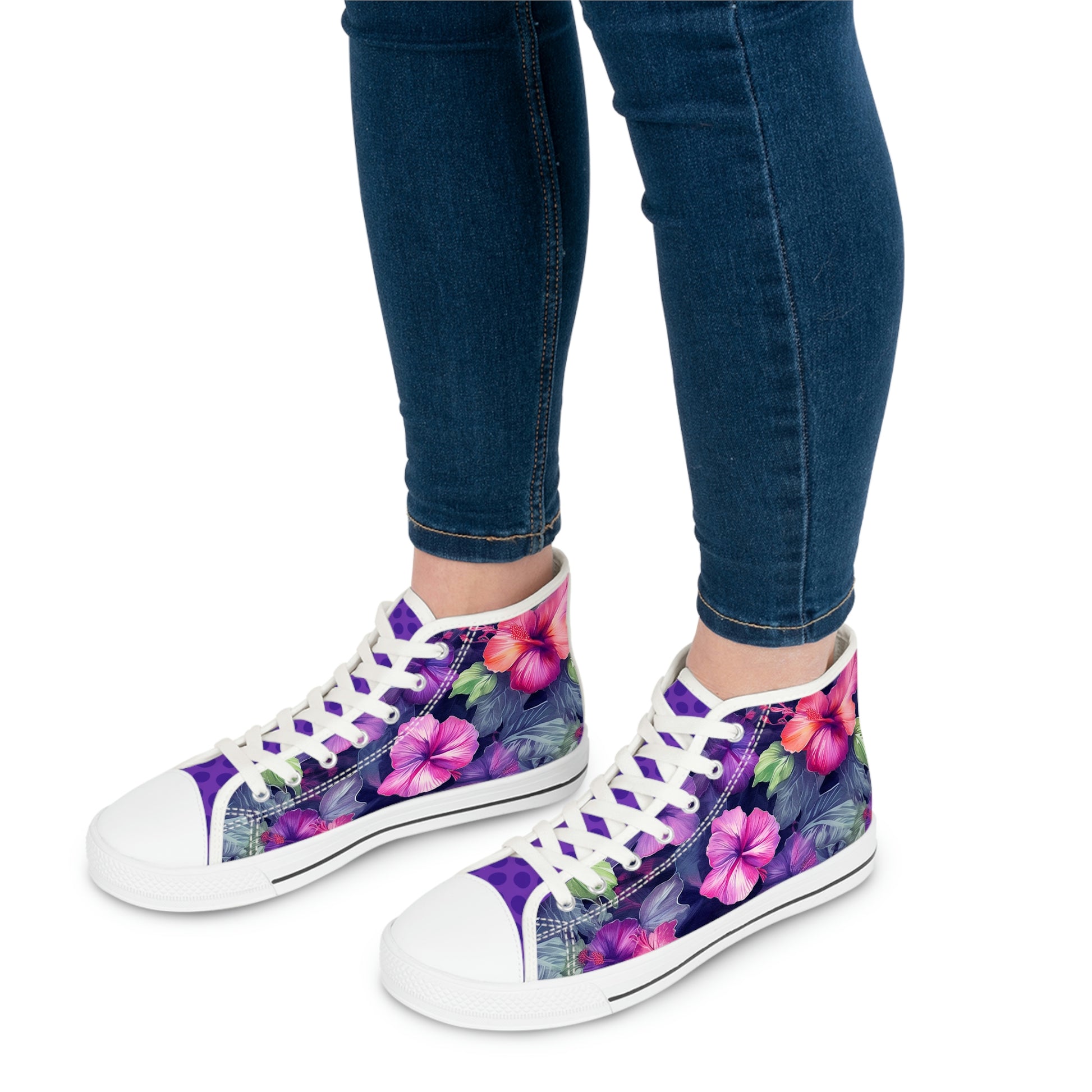 Watercolor Hibiscus Flowers (Dark I) Women's White High-Top Sneakers by Studio Ten Design