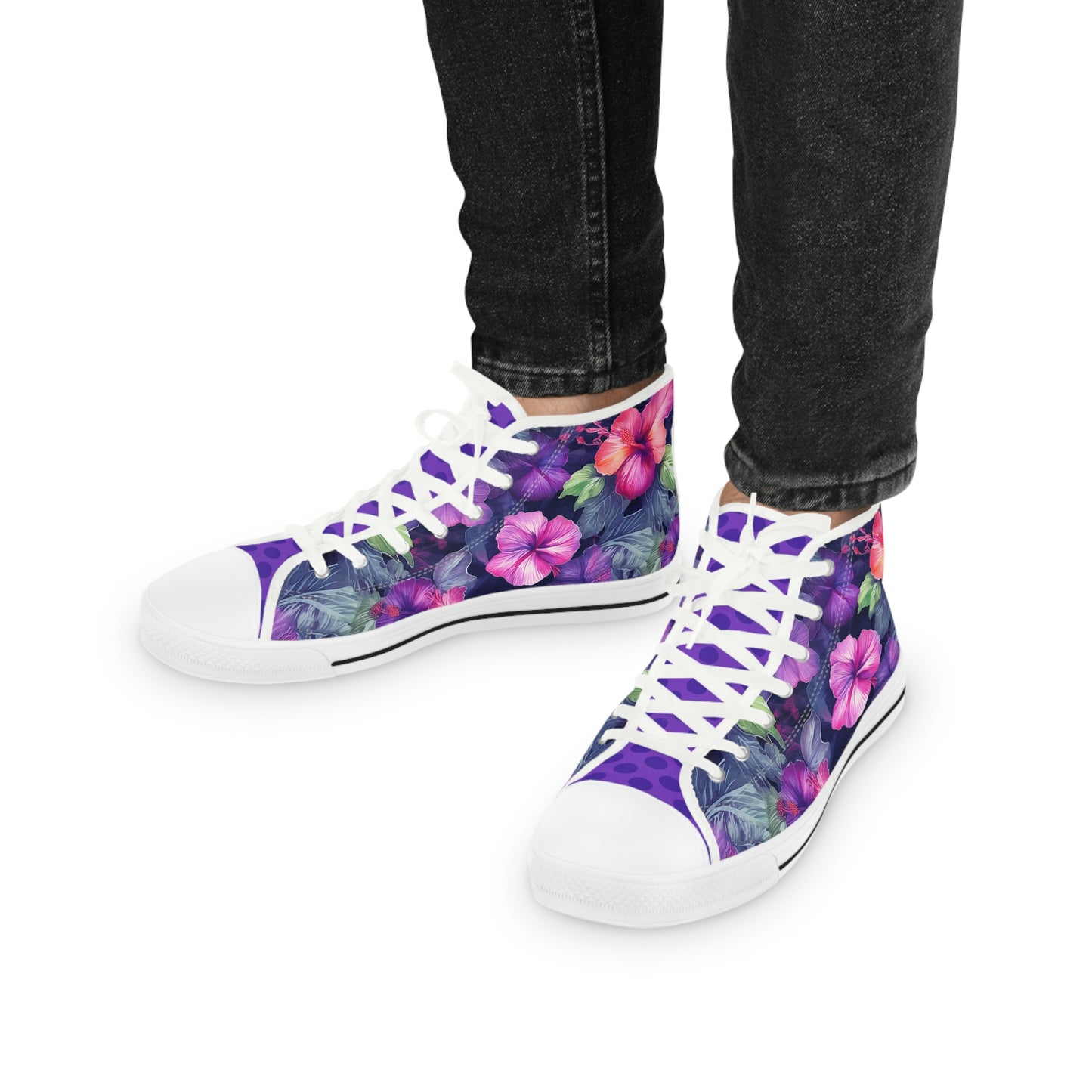 Watercolor Hibiscus Flowers (Dark I) Men's White High-Top Sneakers by Studio Ten Design