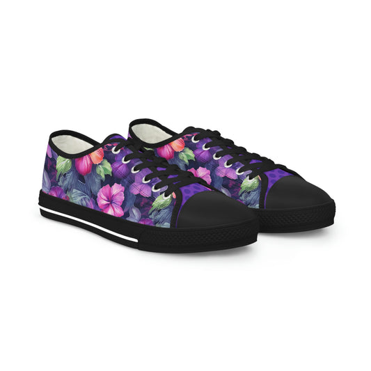 Watercolor Hibiscus Flowers (Dark I) Men's Black Low-Top Sneakers by Studio Ten Design