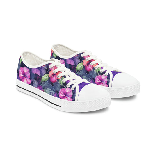 Watercolor Hibiscus Flowers (Dark I) Women's White Low-Top Sneakers by Studio Ten Design