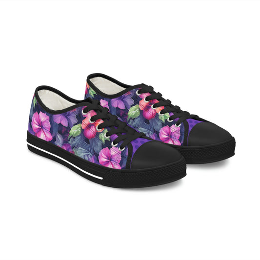 Watercolor Hibiscus Flowers (Dark I) Women's Black Low-Top Sneakers by Studio Ten Design