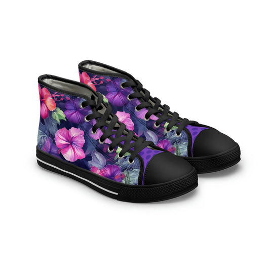 Watercolor Hibiscus Flowers (Dark I) Women's Black High-Top Sneakers by Studio Ten Design