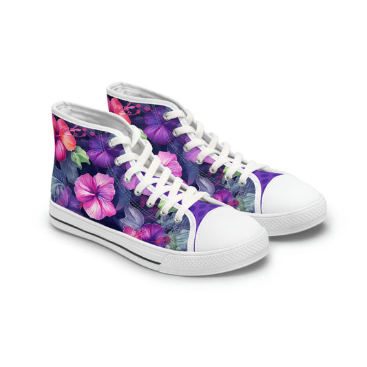 Watercolor Hibiscus Flowers (Dark I) Women's White High-Top Sneakers by Studio Ten Design