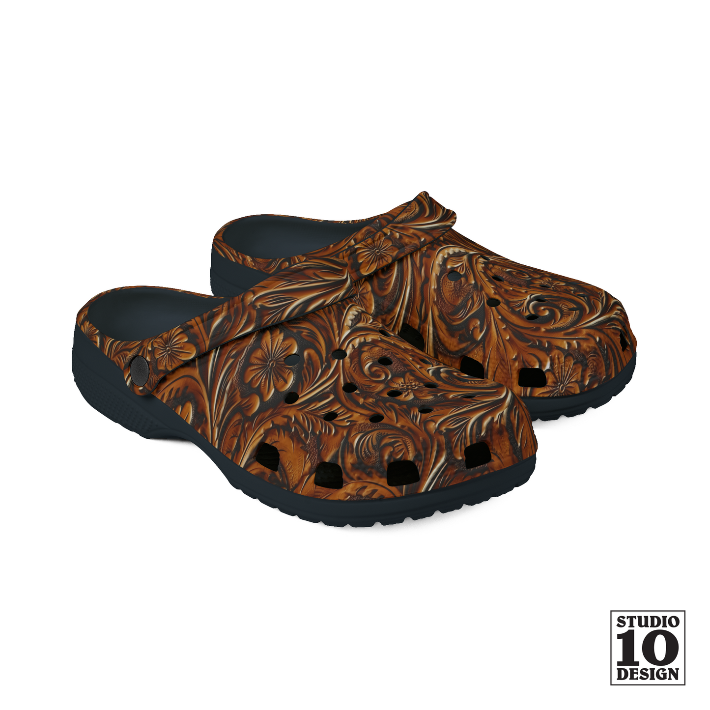 Tooled Leather Foam Clogs (Black) by Studio Ten Design