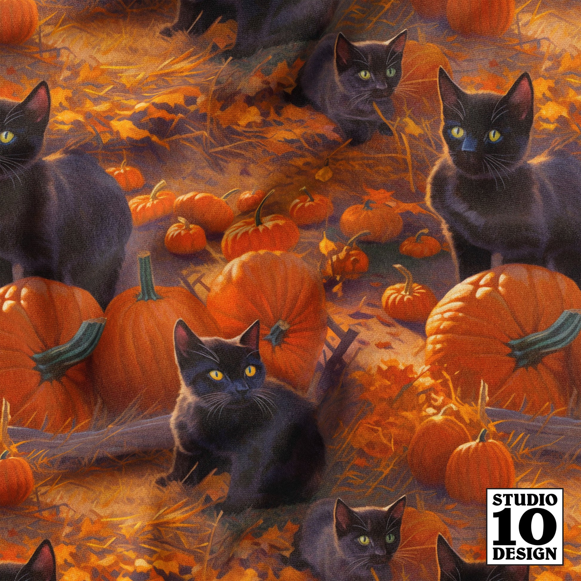 Black Cats in the Pumpkin Patch Printed Fabric by Studio Ten Design