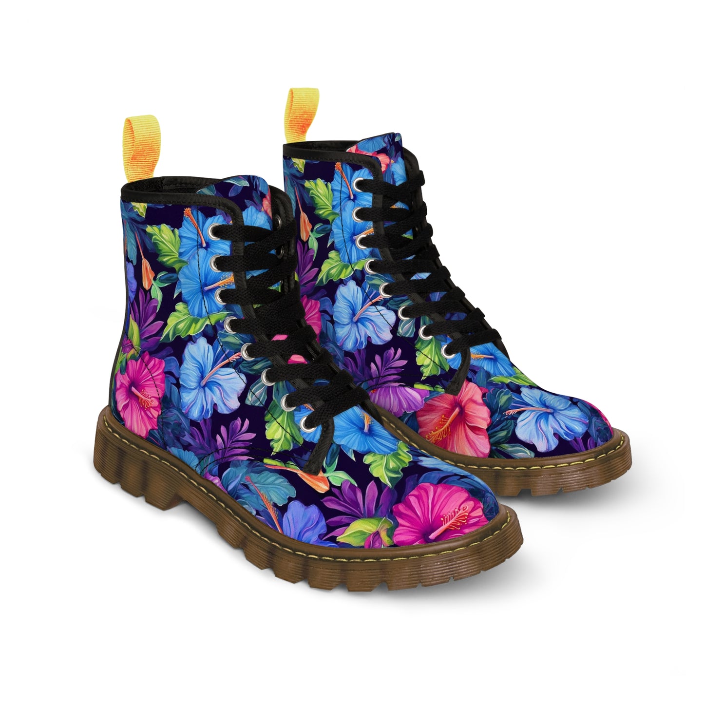 Watercolor Hibiscus (Dark #4) Women's Canvas Boots (Brown Soles) by Studio Ten Design