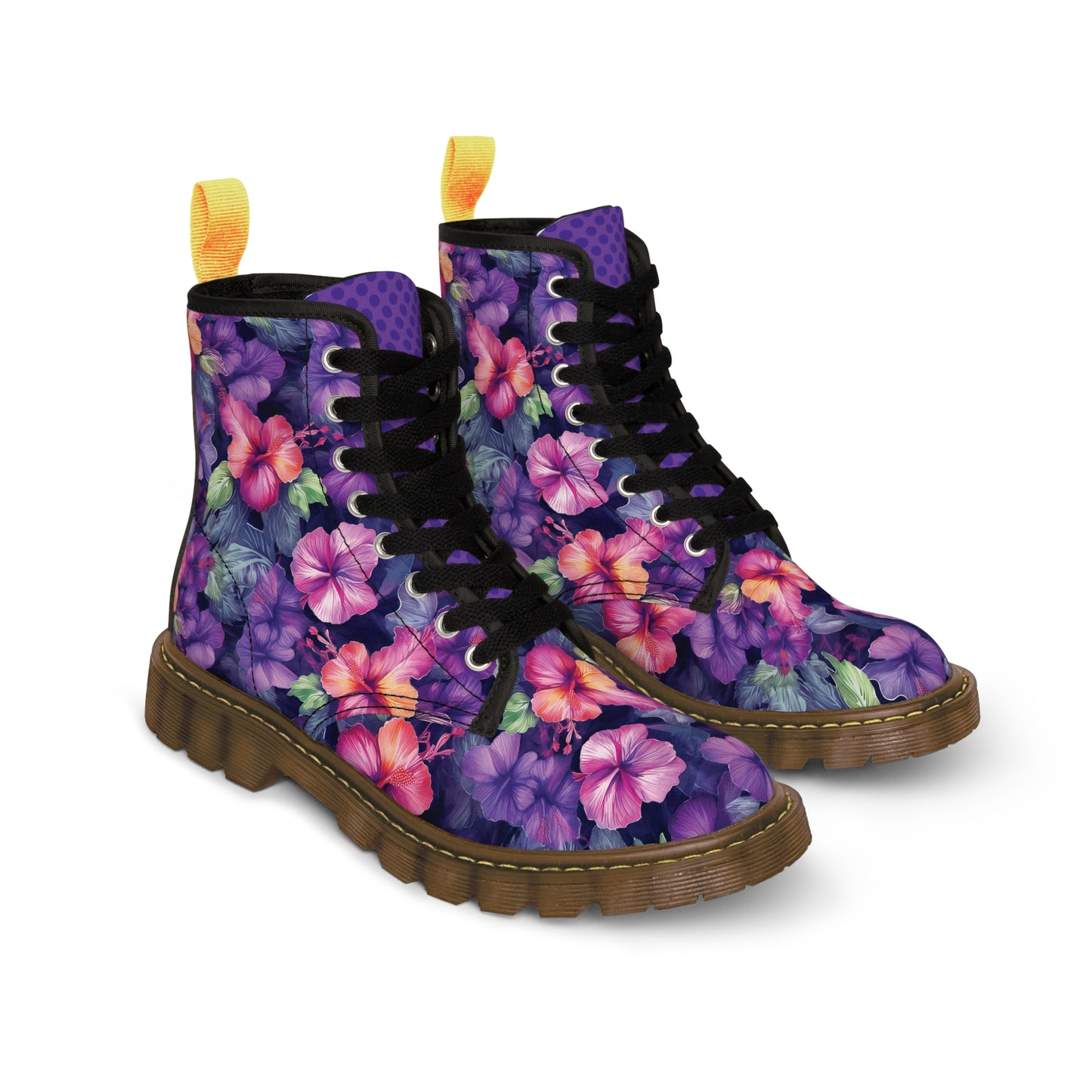 Watercolor Hibiscus (Dark #1) Men's Canvas Boots (Brown Soles) by Studio Ten Design