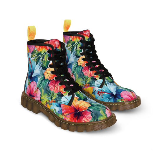 Watercolor Hibiscus (Light #4) Women's Canvas Boots (Brown Soles) by Studio Ten Design