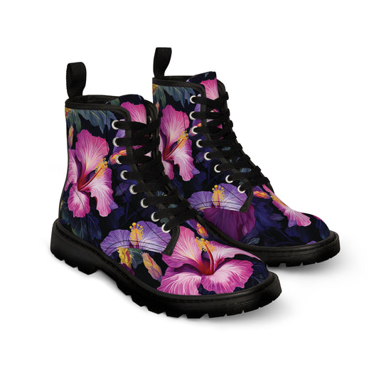 Watercolor Hibiscus (Dark #2) Women's Canvas Boots (Black) by Studio Ten Design