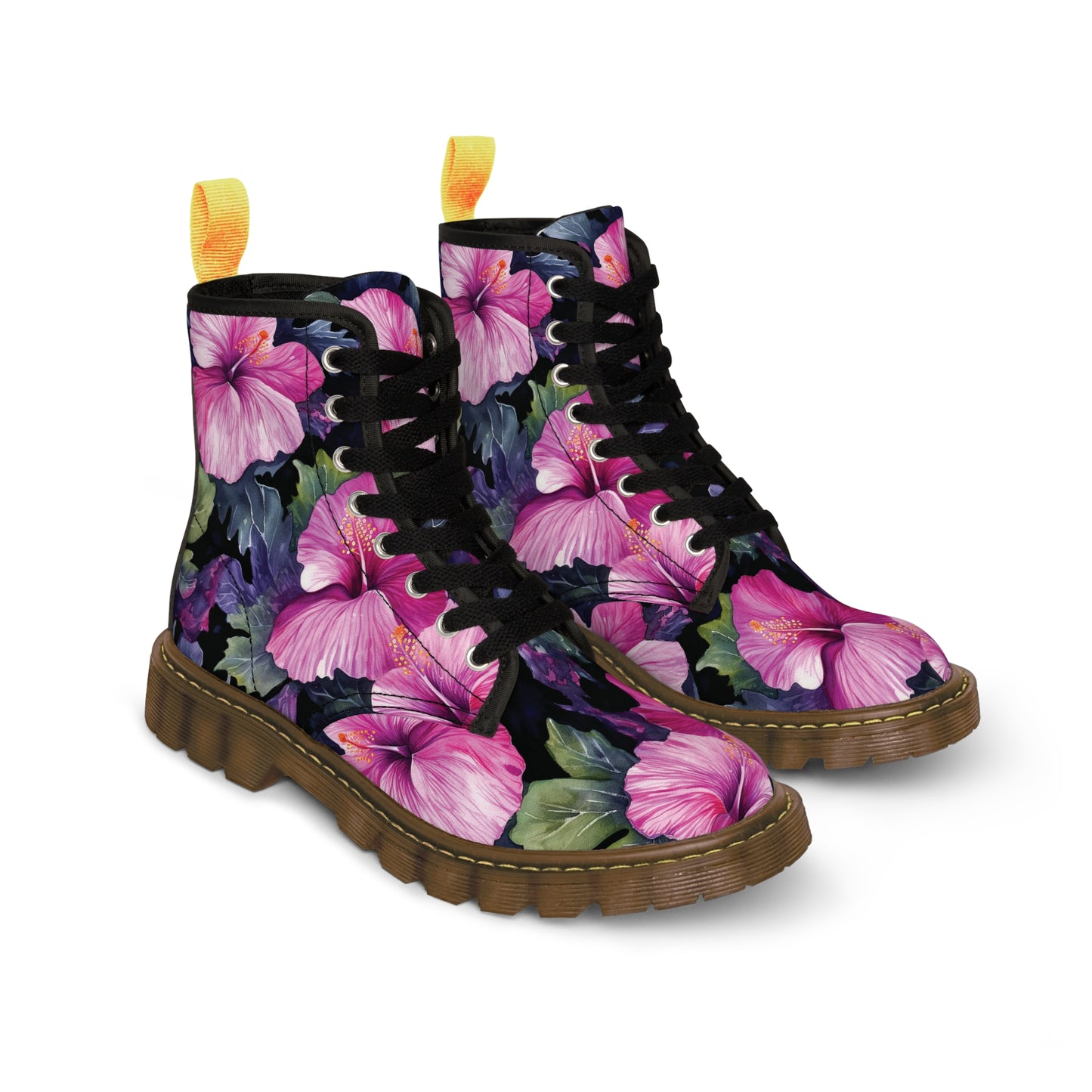 Watercolor Hibiscus (Dark #3) Women's Canvas Boots (Brown) by Studio Ten Design