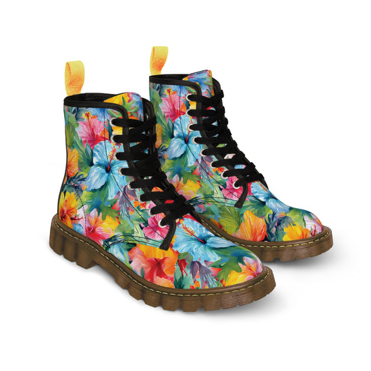 Watercolor Hibiscus (Light #3) Women's Canvas Boots (Brown Soles) by Studio Ten Design