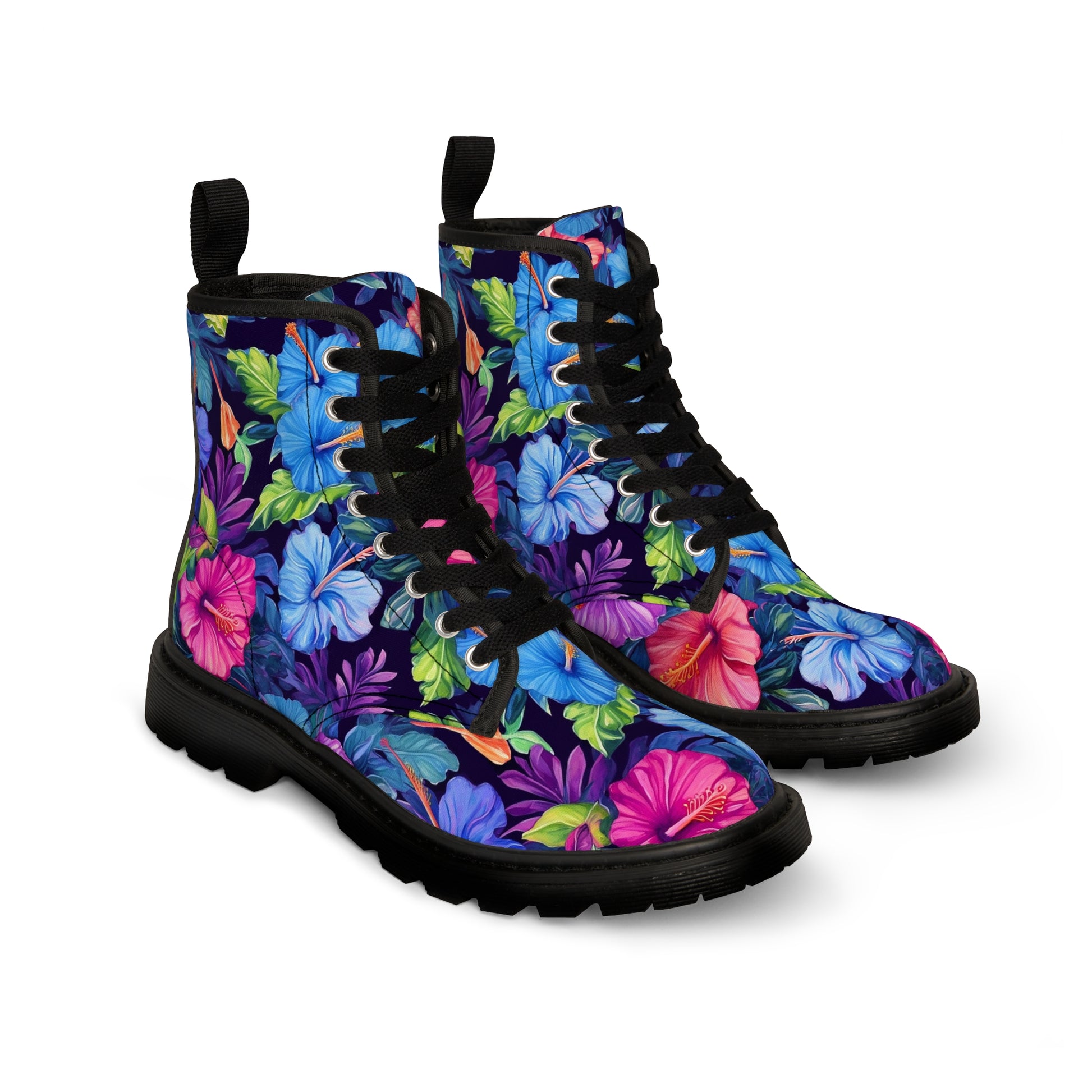 Watercolor Hibiscus (Dark #4) Women's Canvas Boots (Black Soles) by Studio Ten Design