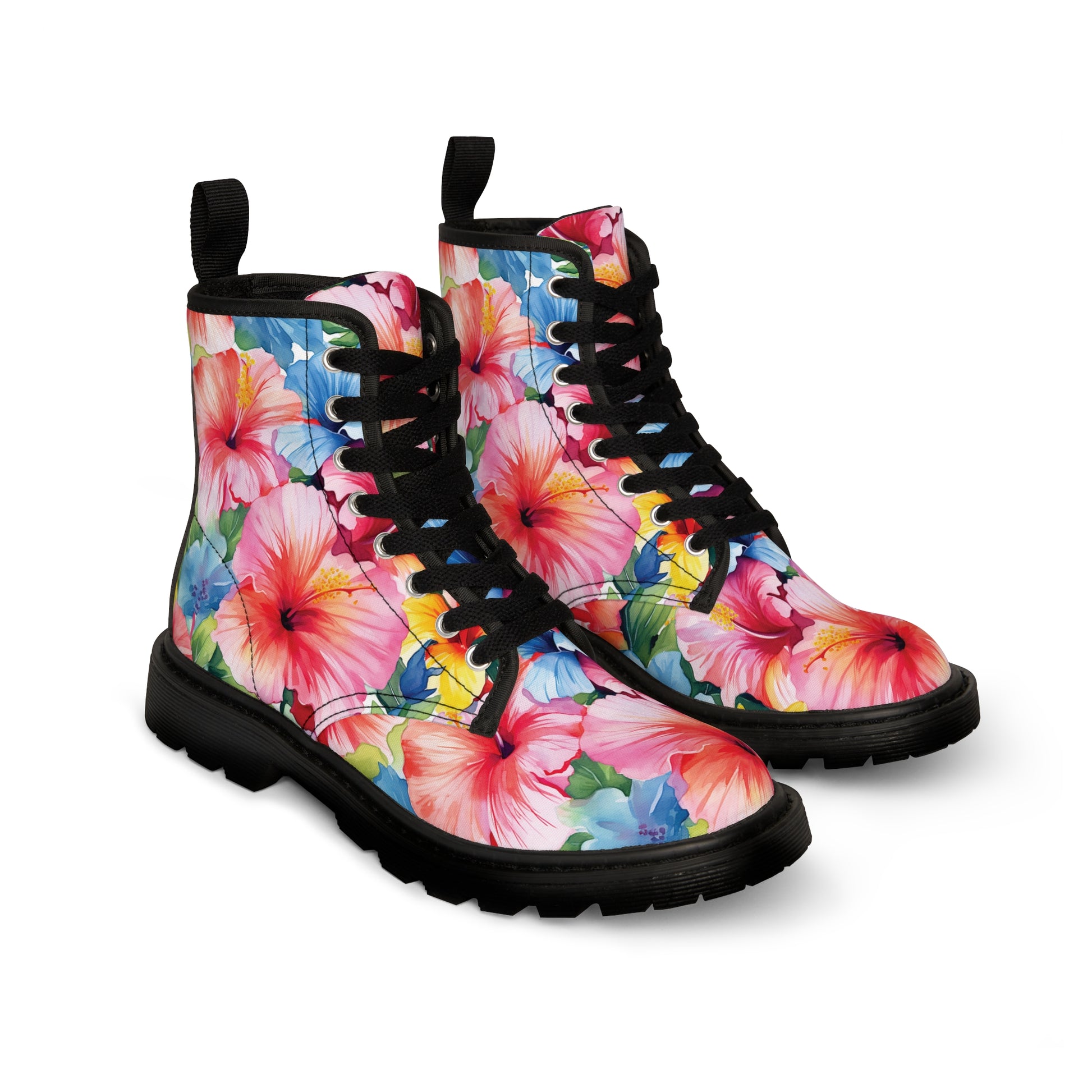 Watercolor Hibiscus (Light #1) Women's Canvas Boots (Black Soles) by Studio Ten Design