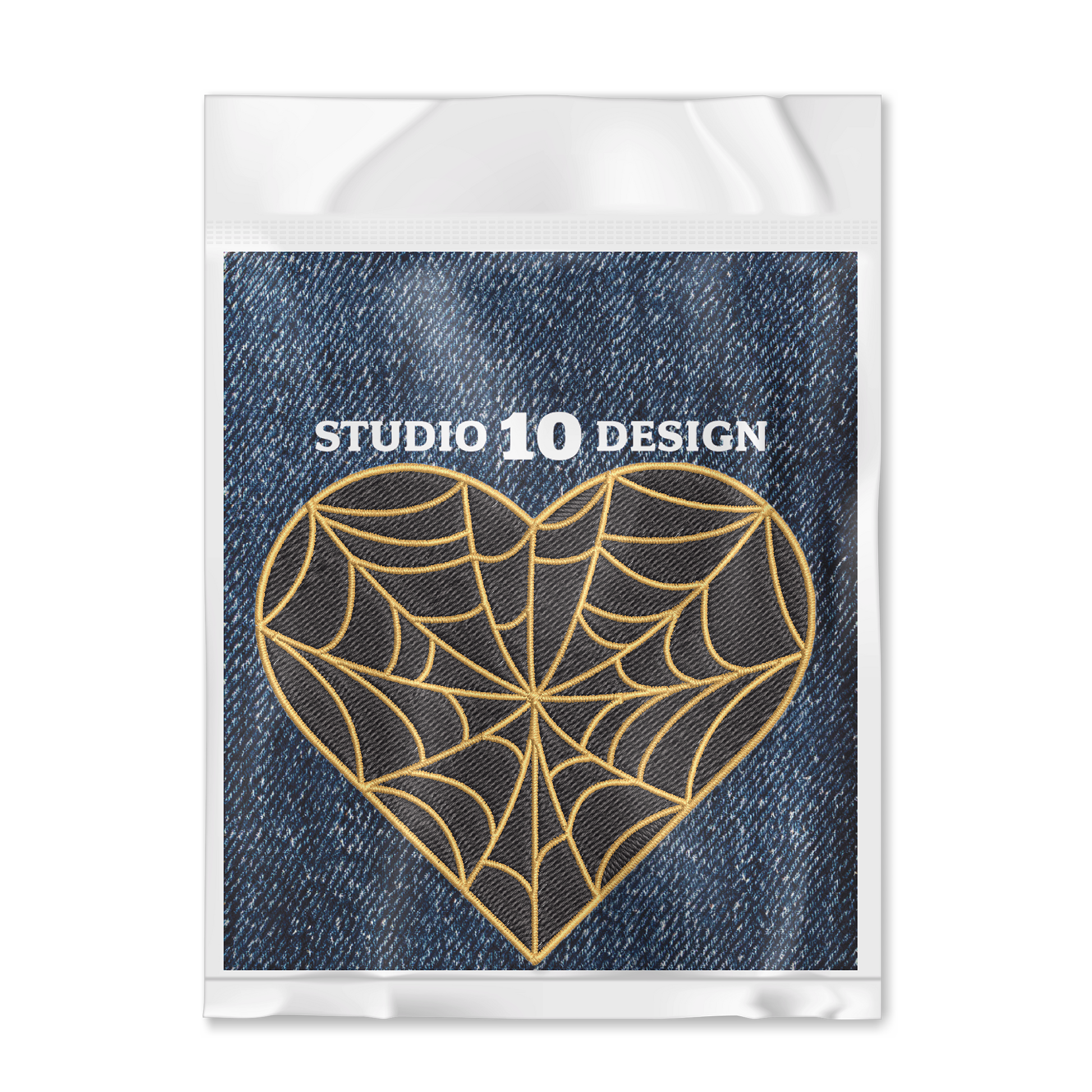 Cobweb Heart Embroidered Iron-On Patch in Package (Mockup) - Studio Ten Design