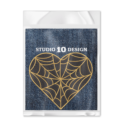 Cobweb Heart Embroidered Iron-On Patch in Package (Mockup) - Studio Ten Design