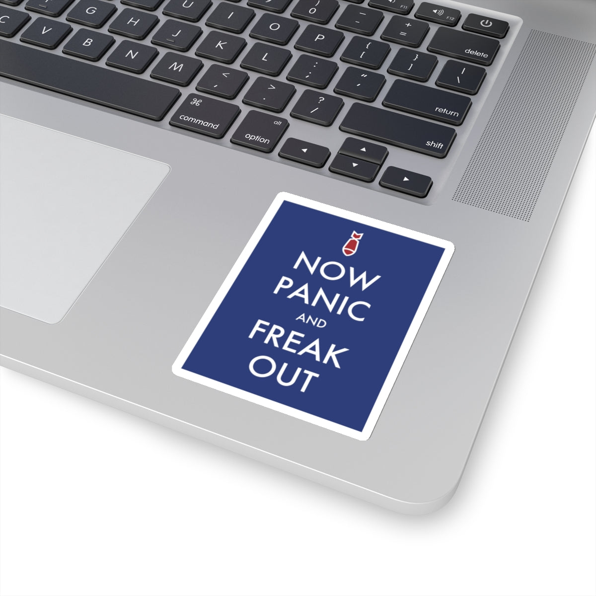 Now Panic And Freak Out Vinyl Sticker (Blue) by Studio Ten Design, shown on laptop