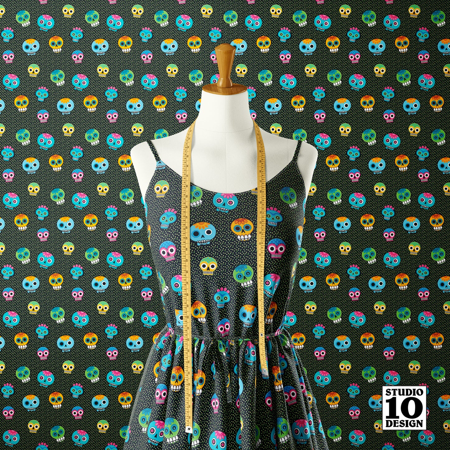 Dia de los Muertos (Green) Printed Fabric by Studio Ten Design