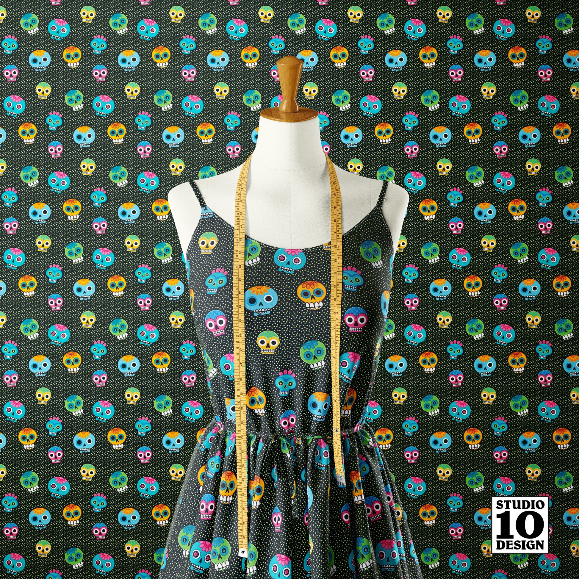 Dia de los Muertos (Green) Printed Fabric by Studio Ten Design