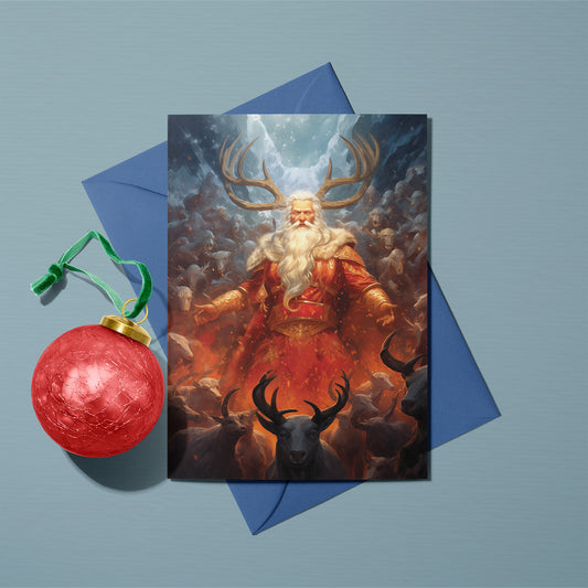 Fantasy Santa: Reindeer King Greeting Card (Front) with Blue Envelope - Studio Ten Design