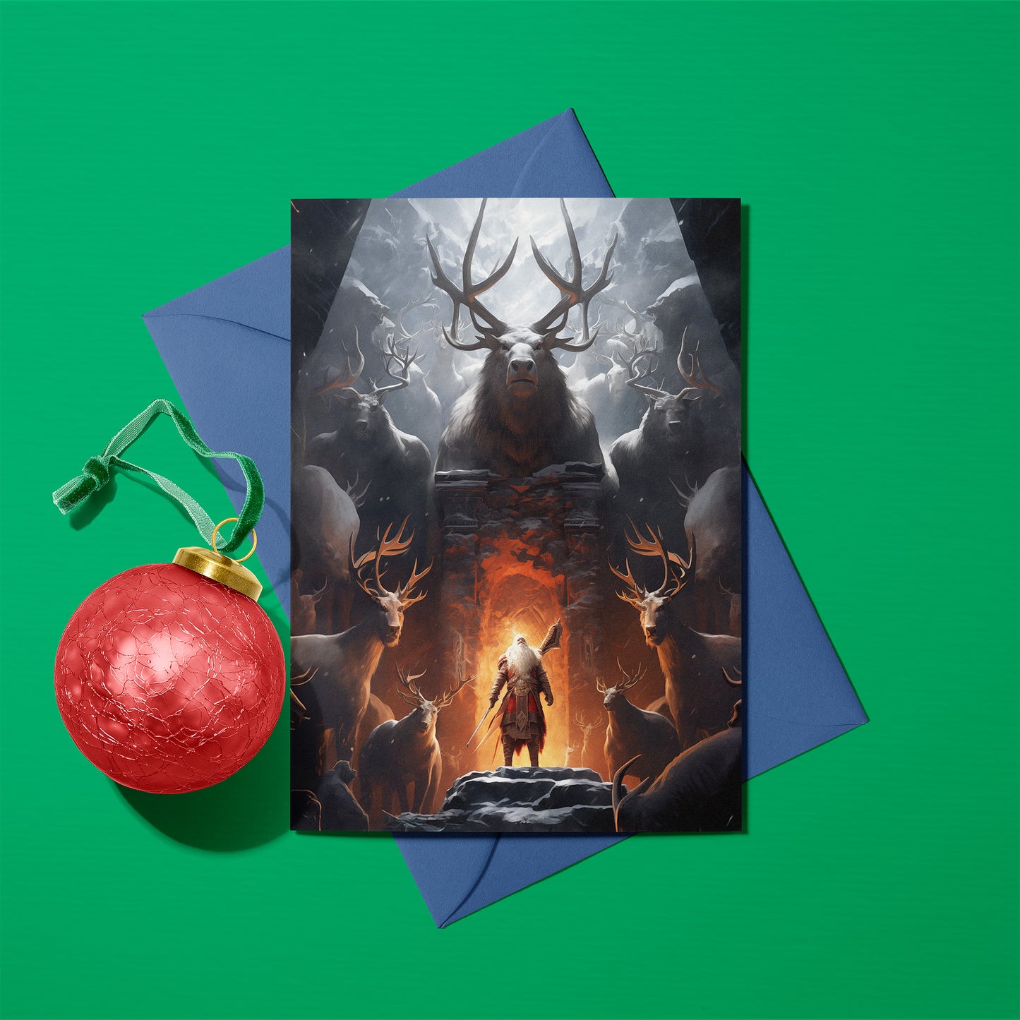 Fantasy Santa: Warrior Saint Christmas Card (Front; festive) by Studio Ten Design