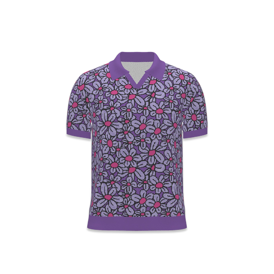 Flower Pop! Lavender & Fuchsia Mens V-Neck Polo Shirt (front) by Studio Ten Design