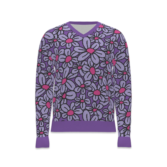 Flower Pop! Men's V-Neck Pullover Sweater in Lavender & Fuchsia by Studio Ten Design