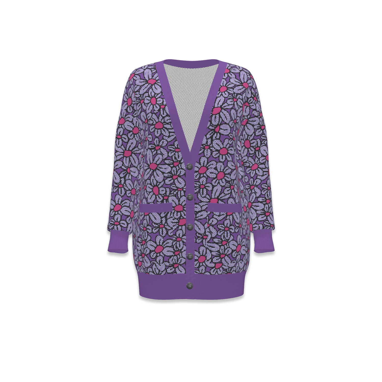 Flower Pop! Lavender & Fuchsia Women's Knit Pocket Cardigan - Front- By Studio Ten Design