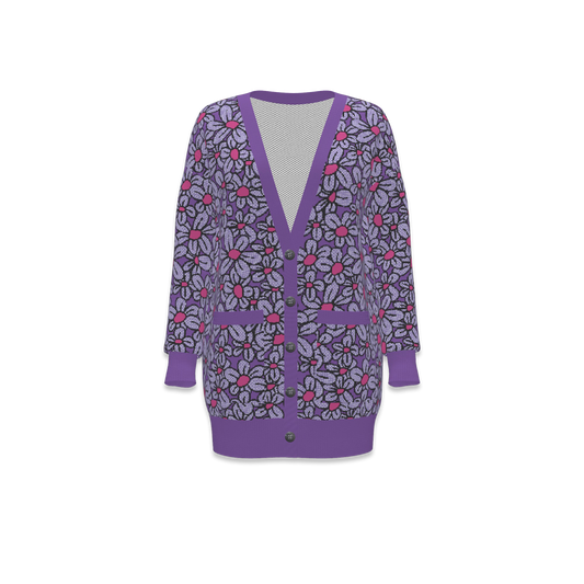 Flower Pop! Lavender & Fuchsia Women's Knit Pocket Cardigan - Front- By Studio Ten Design