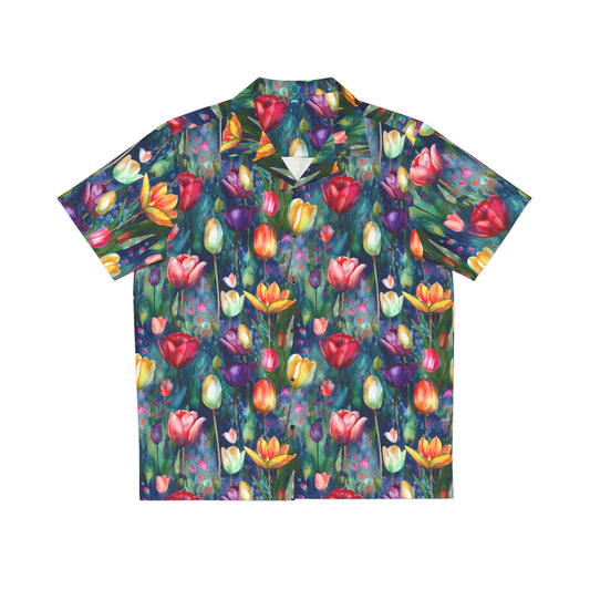 Camisa Aloha de tulipanes acuarela Sonata de medianoche